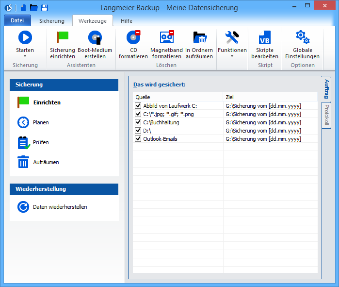 Die Tools in »Langmeier Backup 9.1« (Bild: Langmeier Software)