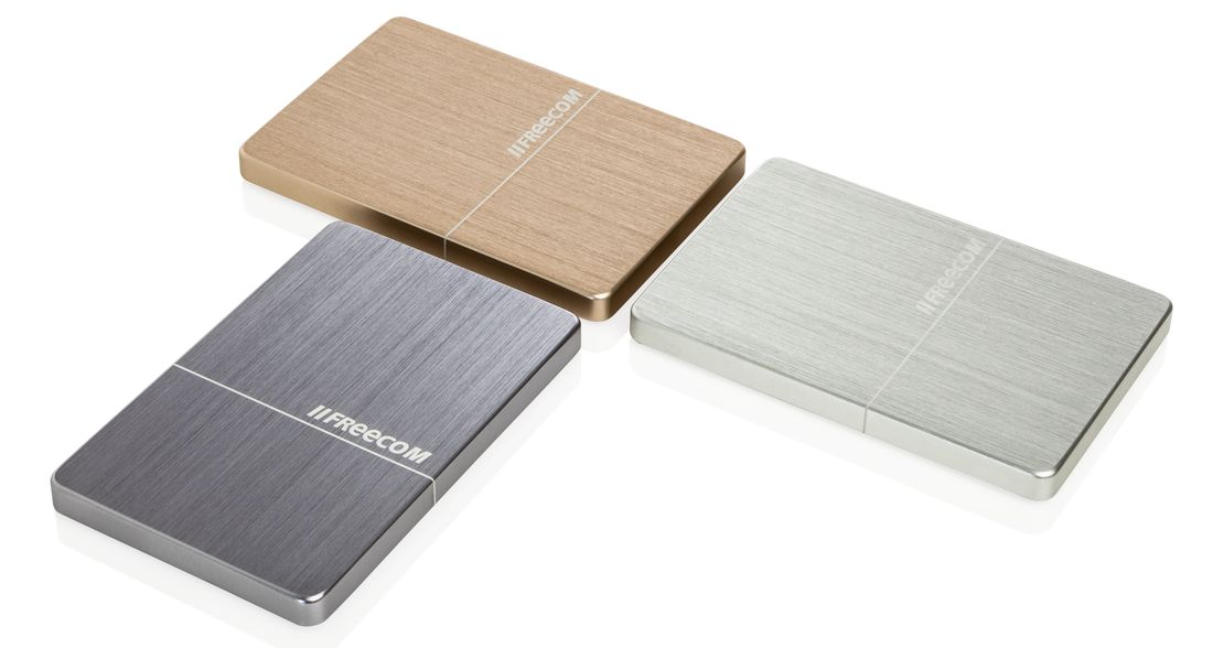 »mHDD Slim« im gebürsteten Aluminiumgehäuse in den Farben Silber, Gold und Spacegrey (Bild: Freecom)