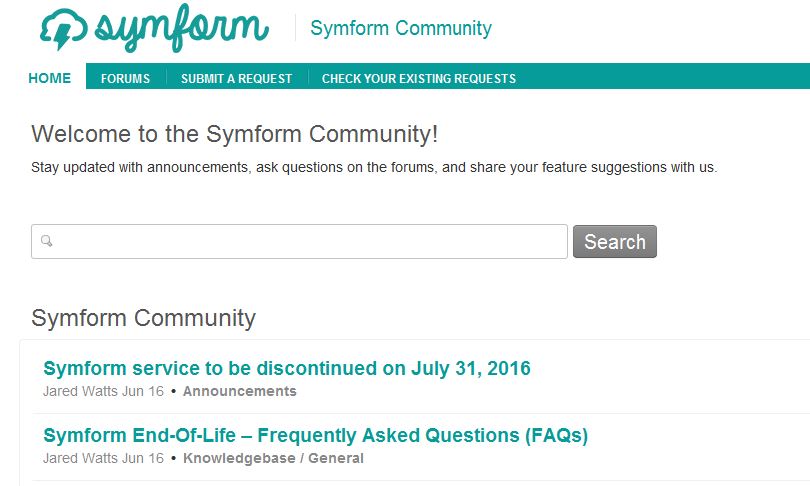 Ankündigung von Symform im Anwenderforum, ihren Service zum 31. Juli 2016 einzustellen (Bild: Symform)