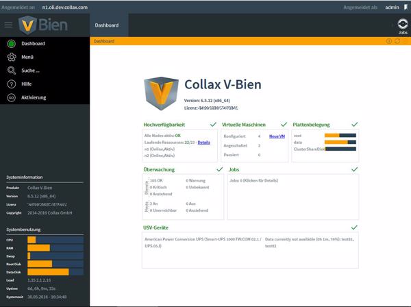 Dashboard der hochverfügbaren IT-Plattform »V-Bien« (Bild: Collax)