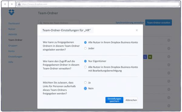 Der neue Team-Ordner ist nun einer der zentralen Punkte für Administratoren (Bild: Dropbox)