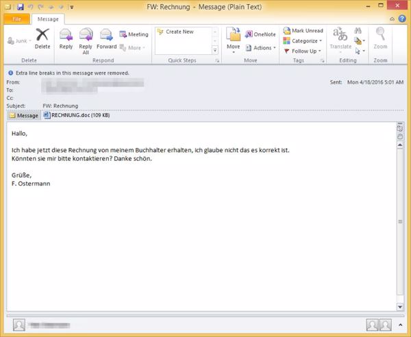 Diese deutschsprachige Rechnungs-Phishing-E-Mail hat die »Poshcoder«-Ransomware im Anhangsdokument (Bild: Proofpoint)
