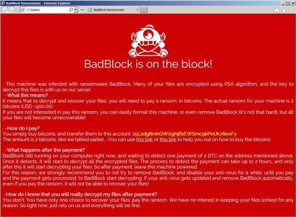 Wenn Sie das auf Ihrem Bildschirm sehen, haben Sie sich die Ransomware »BadBlock« eingefangen (Bild: Avast)