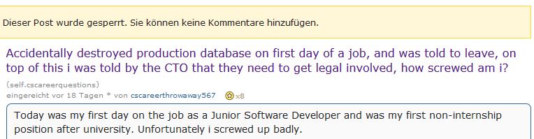 Shit happens: Am ersten Arbeitstag versehentlich eine Produktionsdatenbank gelöscht (Bild: reddit)