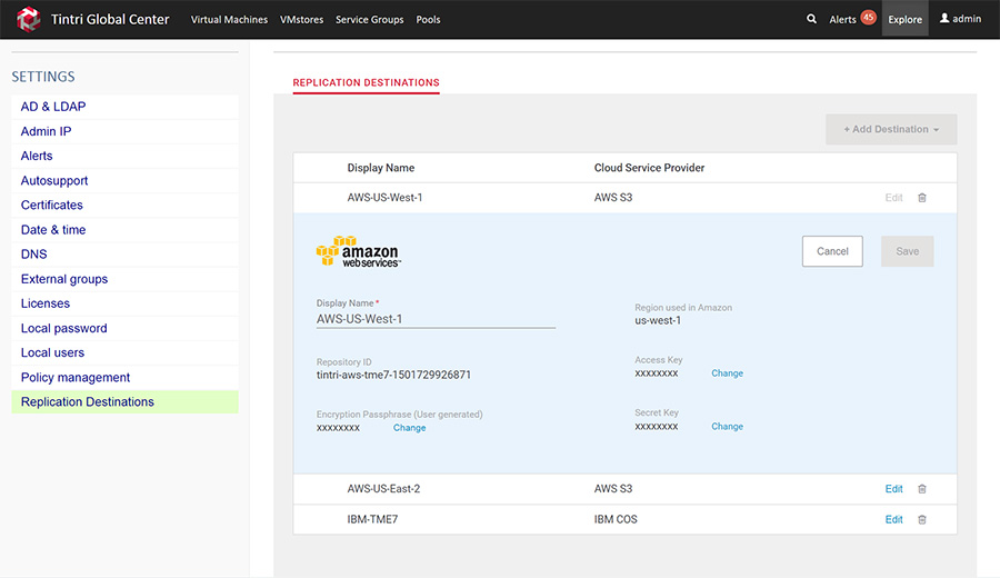 In Tintri Global Center kann man jetzt auch AWS und IBM als Replikationsziele eingeben.