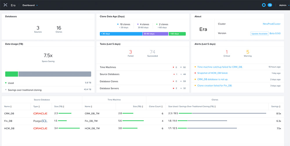 Era, hier die Benutzerschnittstelle, soll unter anderem den Speicherverbrauch und damit die Kosten von Datenbanken senken (Bild: Nutanix).