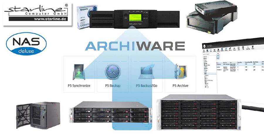 Neues Backup-Bundle von Starline: Die NAS-Arrays der »NASdeluxe«-Familie sind ab sofort zusammen mit »Archiware P5 Suite 6.0« erhältlich (Grafik: Starline).