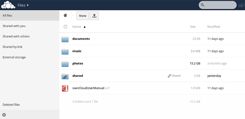Das Owncloud-Web-Gui erlaubt es dem Anwender, einzelne Dateien hoch- oder herunterzuladen. Es erlaubt zudem, einzelne Ordner für andere Benutzer freizugeben.