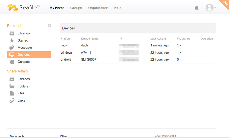 Das Web-Gui von Seafile zeigt neben den verfügbaren Dateien und Bibliotheken auch eine Liste der verbundenen Sync-Clients an.