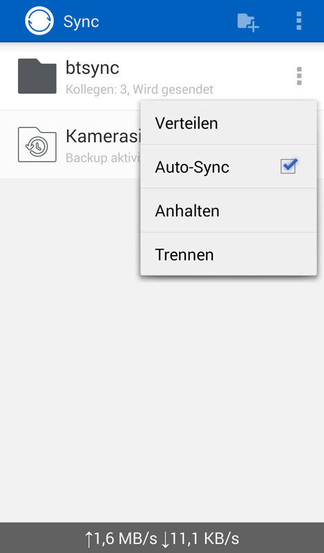 In der deutschen Version gleicht der btsync-Android-Client seine Daten mit den angebundenen »Kollegen« ab.