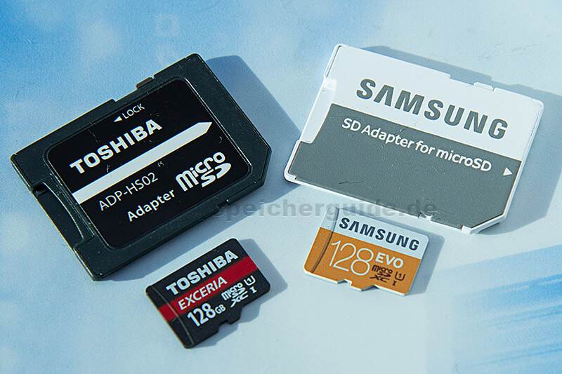 Wir testen zwei MicroSDXC-Karten mit je 128 GByte von Samsung und Toshiba.