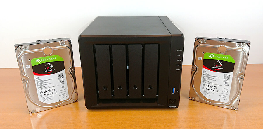 Im Test: Zwei 6-TByte-HDDs Seagate IronWolf im 4-Bay-NAS Synology DS918+ (Bild: Harald Karcher).