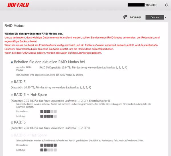 Alle Tests und Messungen an der Buffalo TS 6400DN 1604 EU haben wir im Werks-konfigurierten RAID 5 Modus durchgeführt (Bild: Harald Karcher).