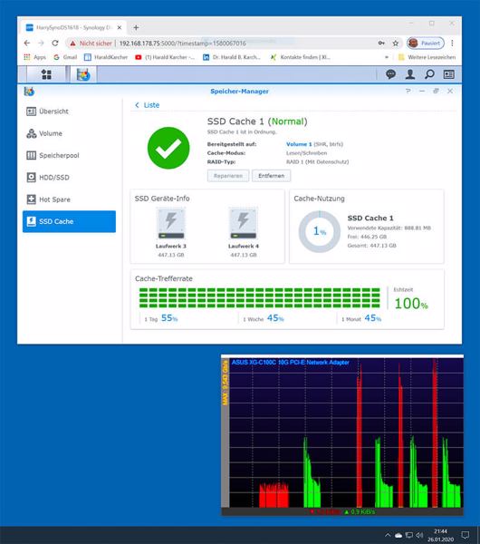 Hier holt sich die 10-GbE-Karte Asus XG-C100C unserer Dell Workstation gerade große Test- Dateien aus der Synology DS 1618+ herunter (rot) und schickt sie dann wieder hinauf (Screenshot: Harald Karcher).