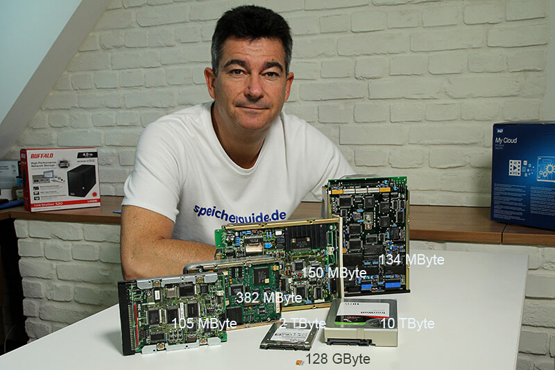 Karl Fröhlich mit seinen Platten: 5,25 Zoll volle Bauhöhe bis zur 2,5-Zoll-HDD und der neuen 10-TByte-Ironwolf.