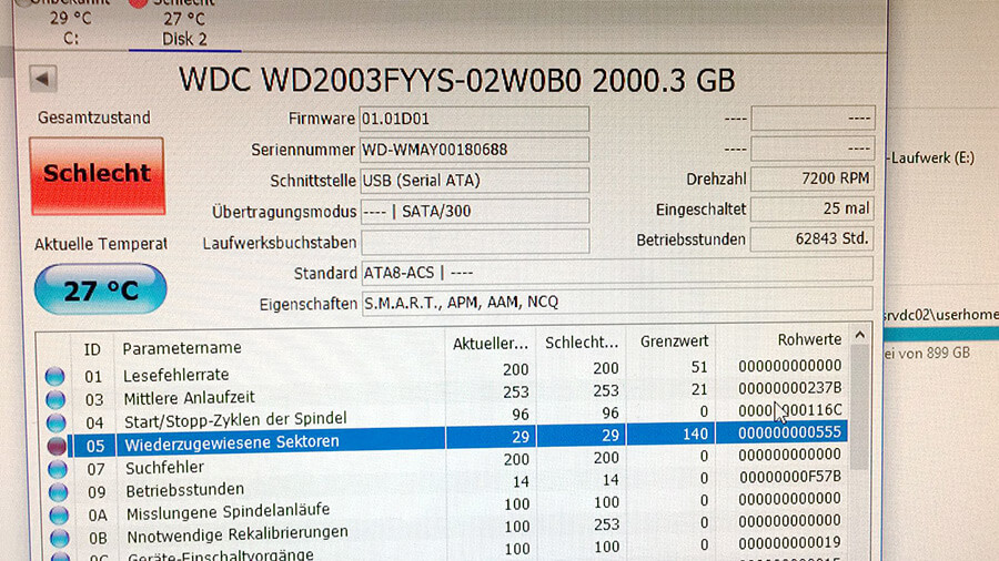 Status-Screenshot: 2-Tbyte-HDD mit >62k Betriebsstunden